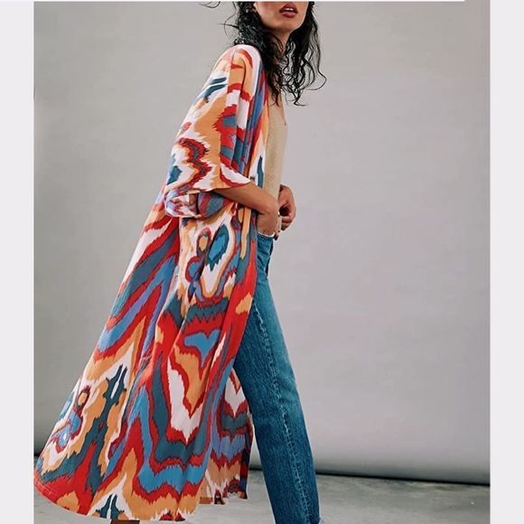 Multicolor Open Longline Three Quarter Sleeve Kimono Duster - Picture 3 of 15